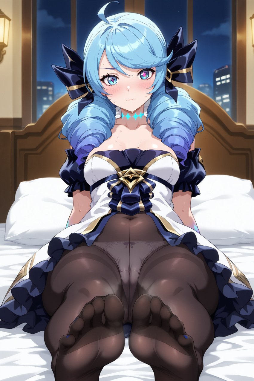 ai_generated ass blue_hair drill_hair feet feet_focus foot_fetish gwen_(league_of_legends) heterochromia league_of_legends league_of_legends:_wild_rift looking_at_viewer medium_breasts mirageart panties_under_pantyhose pantyhose presenting ribbon riot_games soles solo solo_focus sweat sweaty toes wide_hips