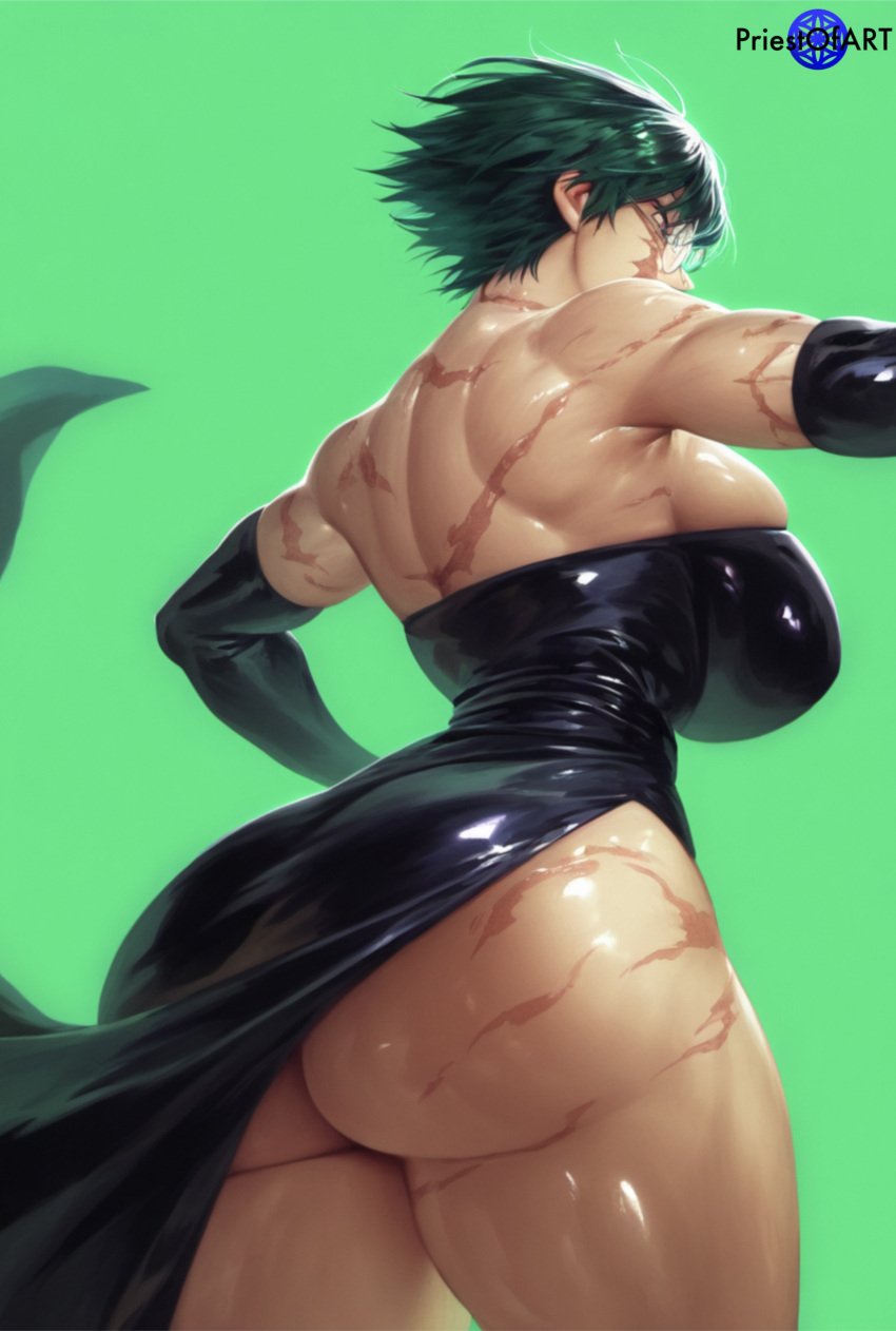 1girls ai_generated back_view backboob big_breasts black_dress burn_scar color dress elbow_gloves female female_focus female_only fit_female from_behind glasses green_hair huge_ass huge_butt jujutsu_kaisen large_breasts muscular muscular_male priestofart scar short_hair simple_background solo solo_female solo_focus tagme tagme_(artist) tagme_(character) watermark zenin_maki