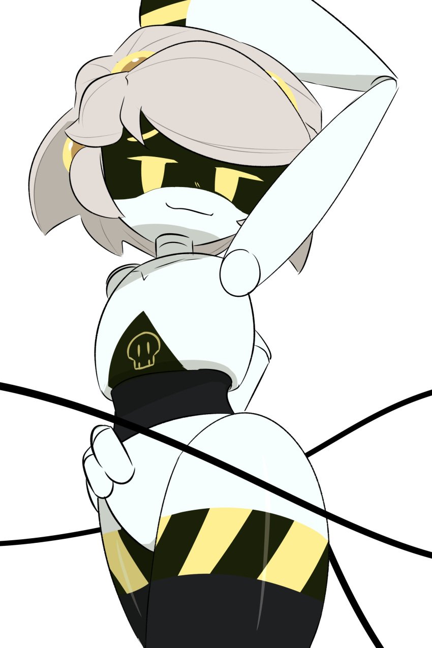 1girls arm_behind_head arm_up armpits black_legwear female hairband hand_on_hip lawgx legwear murder_drones nude nude_female robot robot_girl robot_humanoid screen_face short_hair solo solo_female stockings tail thighhighs v_(murder_drones) white_body white_hair yellow_eyes