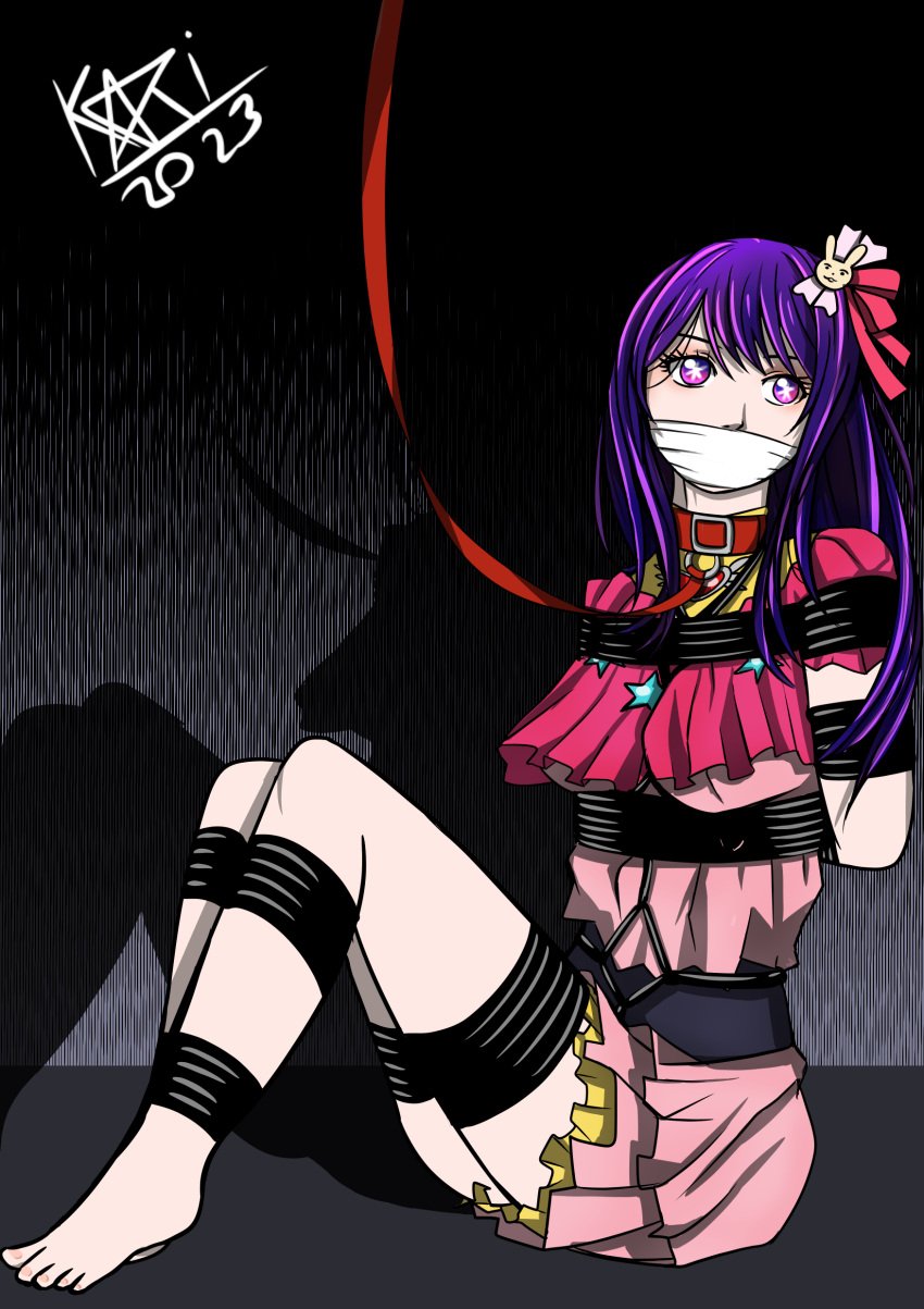 1girls barefoot bondage bound_and_gagged cloth_gag collar collar_only damsel_in_distress feet female female_only female_solo gagged hoshino_ai kinkykari2003 oshi_no_ko otm_gag purple_hair soles solo solo_female solo_only tied_up toes