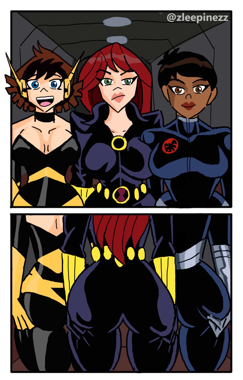 3girls artist_name artist_upload ass ass_focus ass_grab black_body black_hair black_legwear black_widow_(earth's_mightiest_heroes) blue_eyes breasts brown_eyes brown_hair green_eyes hero_outfit maria_hill_(earth's_mightiest_heroes) marvel marvel_girl multiple_girls red_hair self_upload thighs wasp_(earth's_mightiest_heroes) white_body zleepinezz