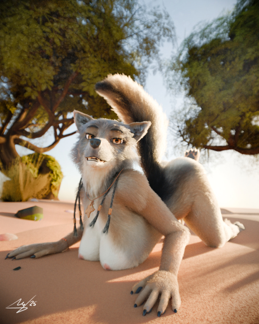 4:5 anthro beach big_breasts blender_(artwork) braided_hair breasts canid canine canis digital_media_(artwork) female hair hi_res mammal naala nipples nude pinup pose posing_for_picture reaching_art solo tail tail_tuft tuft wolf