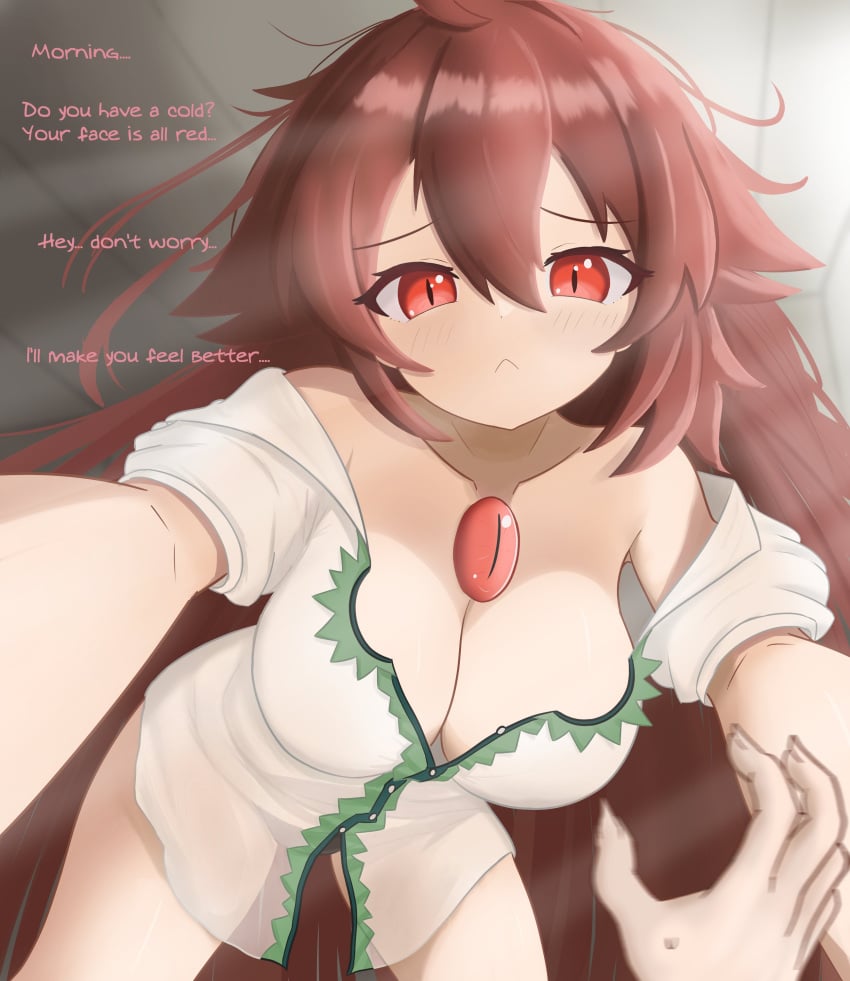 big_breasts breasts imminent_sex just_hatto looking_at_viewer low-angle_view panties pov text thick_thighs thighs touhou utsuho_reiuji