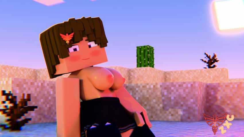 3d 3d_render big_breasts black_skirt blender blender3d blender_(artwork) blender_(software) blender_cycles blush breasts brown_hair cat_stockings cat_thighighs desert enigma_zxc female female_focus female_only female_solo looking_at_viewer minecraft naked naked_female naked_woman original_character purple_eyes self_upload sitting skirt smiling smiling_at_viewer stockings tagme woman_focus woman_only