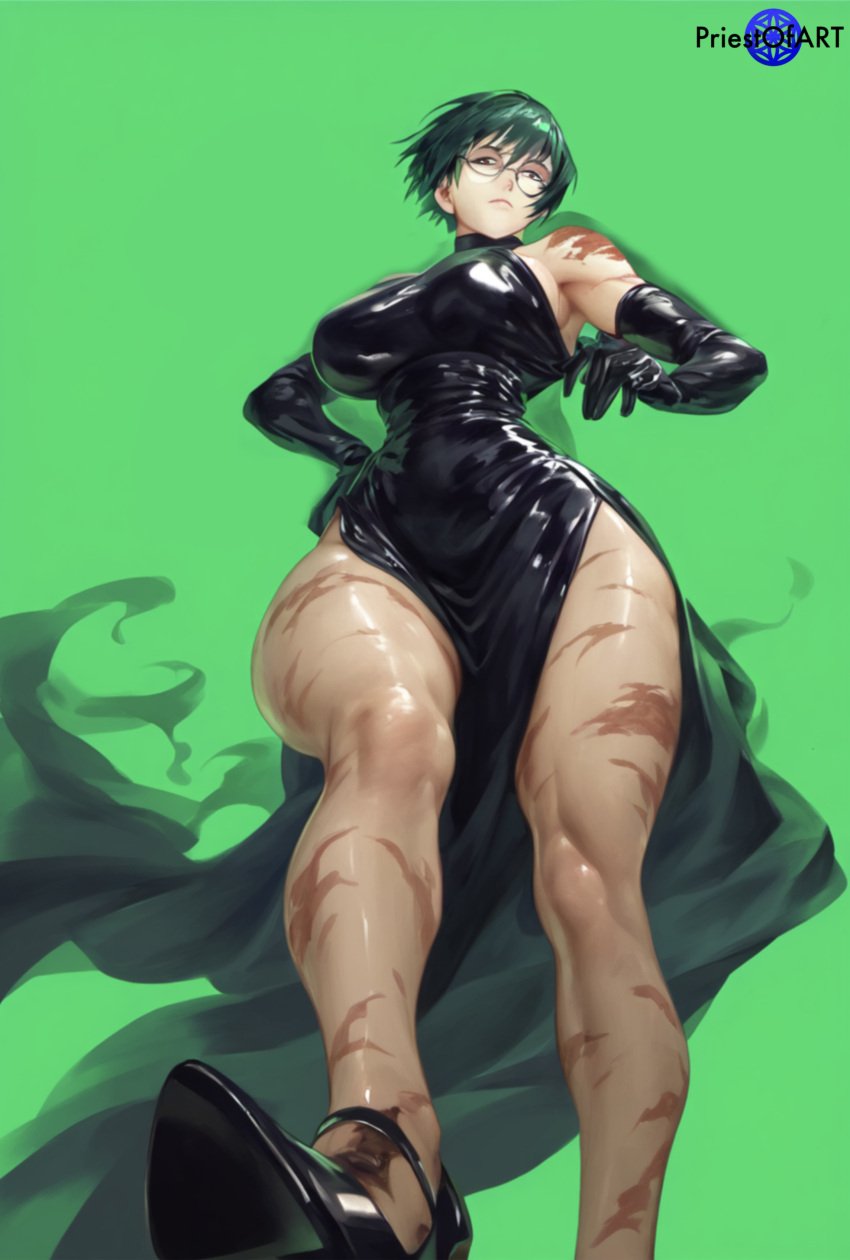 1girls ai_generated big_breasts black_dress burn_scar color dress dress_inside_ass elbow_gloves female female_focus female_only fit_female foot_fetish foot_focus from_below glasses green_hair heel_boots heels jujutsu_kaisen large_breasts muscular muscular_male priestofart scar short_hair simple_background solo solo_female solo_focus tagme tagme_(artist) tagme_(character) thick_thighs watermark zenin_maki