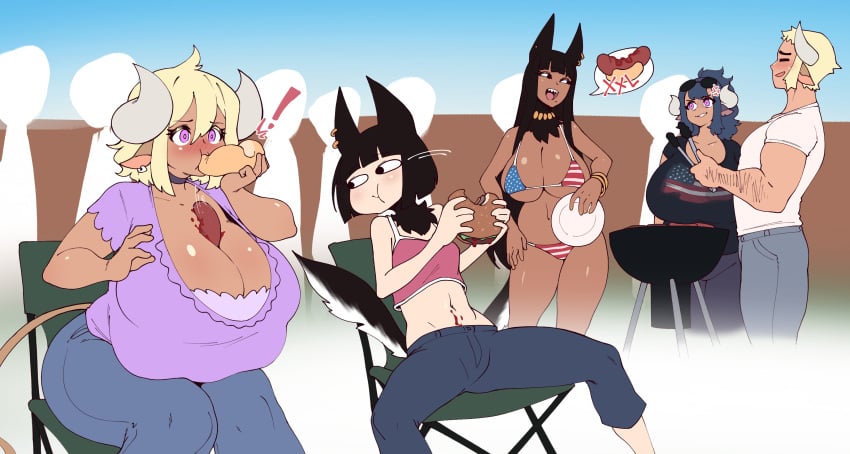 1boy 4girls between_breasts big_breasts black_hair blonde_hair blue_hair breasts cooking cow_girl cow_horns dmxwoops gigantic_breasts grill hot_dog hot_dog_bun huge_breasts large_breasts margarine_(deumosden) massive_breasts monochrome multi_breast purple_hair sexually_suggestive shirt thick_thighs