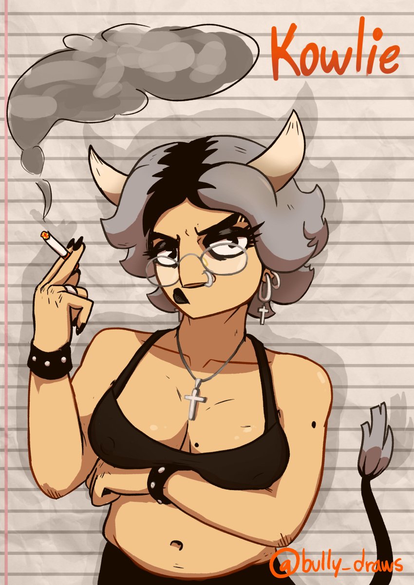 angry angry_face belly belly_button black_hair black_lipstick bully_draws cow_girl cow_horns earrings eyeshadow goth goth_girl gothic gray_hair grey_hair kowlie nail_polish smoking two_tone_hair