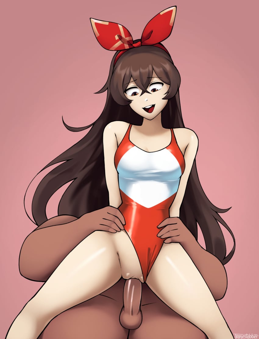 2025 amber_(genshin_impact) ass bow_in_hair brown_eyes brown_hair female female_focus genshin_impact hoyoverse long_hair male one-piece_swimsuit penis pink_background pussy swimsuit swimsuit_aside triplestabber vaginal_penetration vaginal_sex