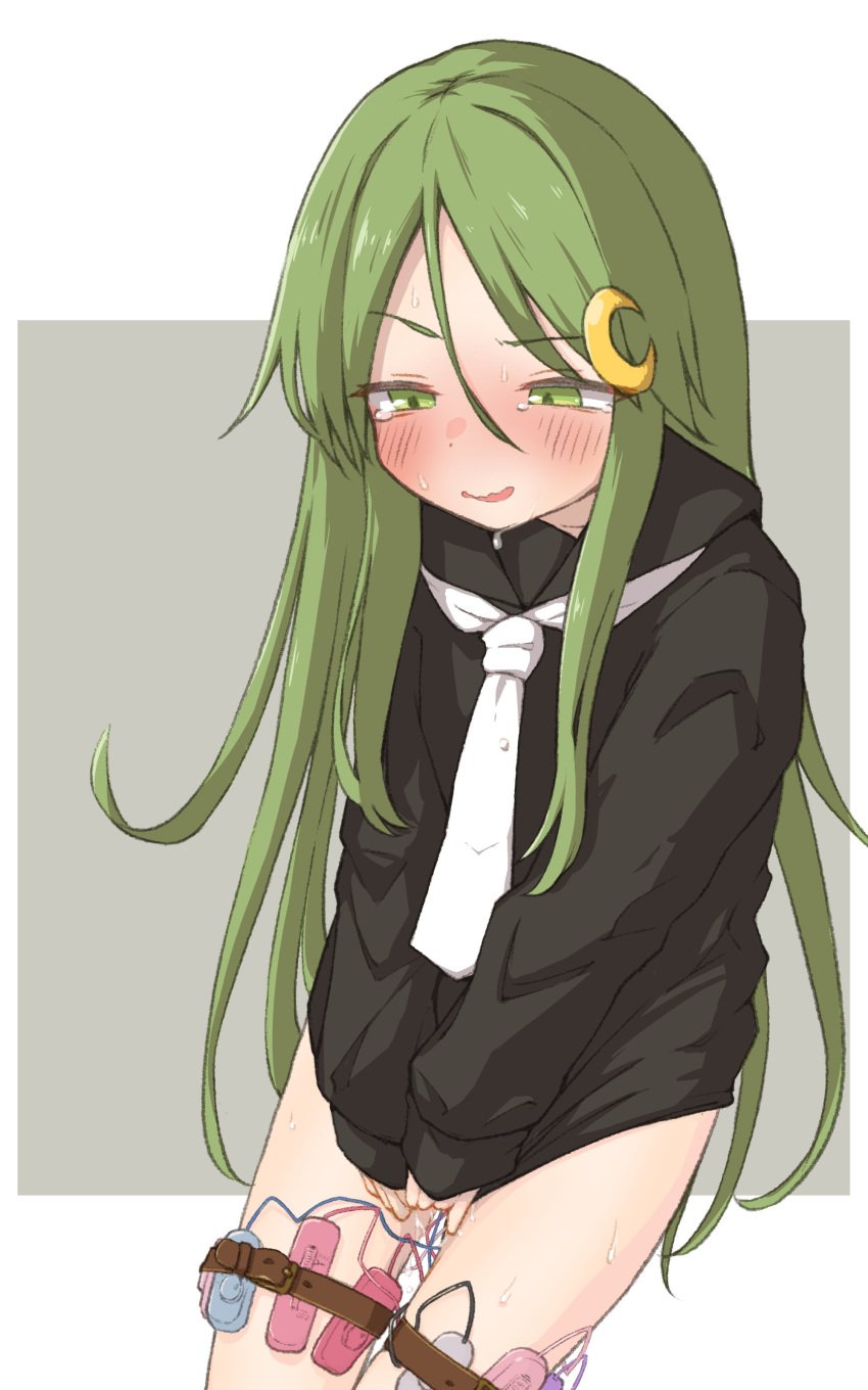 1girls absurdres black_shirt blush bottomless crescent crescent_hair_ornament female female_only green_eyes green_hair hair_ornament highres kantai_collection long_hair long_sleeves nagatsuki_(kantai_collection) parted_lips po0000000000 pok_0002 remote_control_vibrator sex_toy shirt sleeves_past_wrists solo solo_female very_long_hair vibrator vibrator_in_thigh_strap wavy_mouth