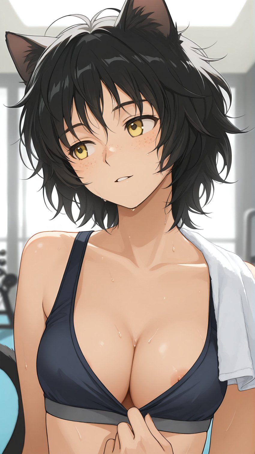 ai_generated areola_slip bankonit black_hair cat_ears cat_tail catgirl cleavage female female_focus female_only freckles freckles_on_face gym looking_away medium_breasts nipple_slip parted_lips pulling_bra pulling_clothing short_hair smile solo sports_bra stable_diffusion sweat towel_on_shoulder yellow_eyes