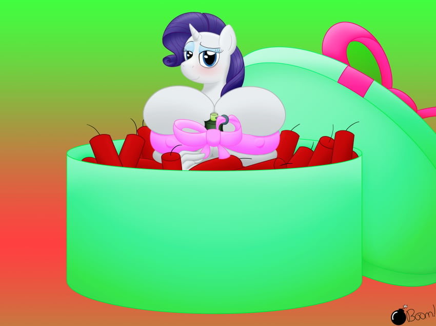 absurd_res anthro anthrofied big_breasts blue_eyes blush breasts dynamite equid equine explosives female friendship_is_magic gift grenade hair hasbro hi_res horn mammal my_little_pony mythological_creature mythological_equine mythology ponyboom purple_hair rarity_(mlp) ribbons smile solo unicorn weapon