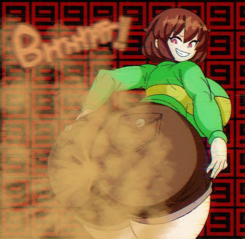 back_view big_ass big_breasts big_butt brown_hair busty chara chara_(undertale) damage fart fart_cloud fart_fetish farting female grinning grinning_at_viewer hand_on_butt hand_on_hip looking_at_viewer looking_back onomatopoeia red_eyes short_hair shorts striped_clothing striped_shirt turning_around turning_head undertale undertale_(series) zaemonbrap