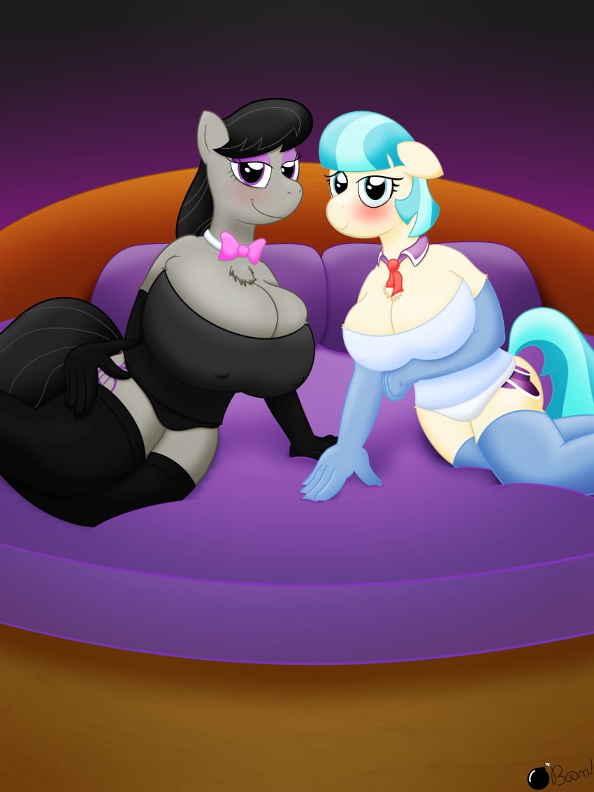 3:4 absurd_res anthro anthrofied bed big_breasts blue_eyes blue_hair blush bow_(feature) bow_tie breasts cleavage clothed clothing coco_pommel_(mlp) corset duo equid equine female friendship_is_magic furniture gloves grey_hair hair handwear hasbro hi_res horse huge_breasts legwear lingerie looking_at_viewer mammal my_little_pony octavia_(mlp) octavia_melody pillow pony ponyboom purple_eyes smile stockings topwear