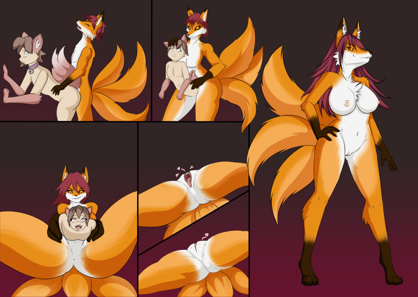 2021 3_tails animal_humanoid anthro anus big_breasts black_sclera body_part_transformation breast_growth breasts canid canid_humanoid canine collar digital_media_(artwork) duo female fox gender_transformation genitals growth hair hi_res humanoid humanoid_on_anthro looking_back luxianne male mammal mammal_humanoid mtf_transformation multi_tail navel nipples nude pink_hair pussy pussy_transformation simple_background smile transformation