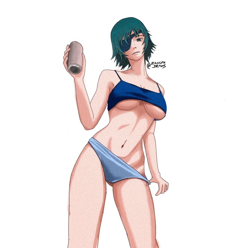 beer bikini blue_eyes blush bra breast_grab breasts breasts_out chainsaw_man commission drunk from_below green_hair himeno_(chainsaw_man) looking_at_viewer panties patreon seductive seductive_look standing tank_top