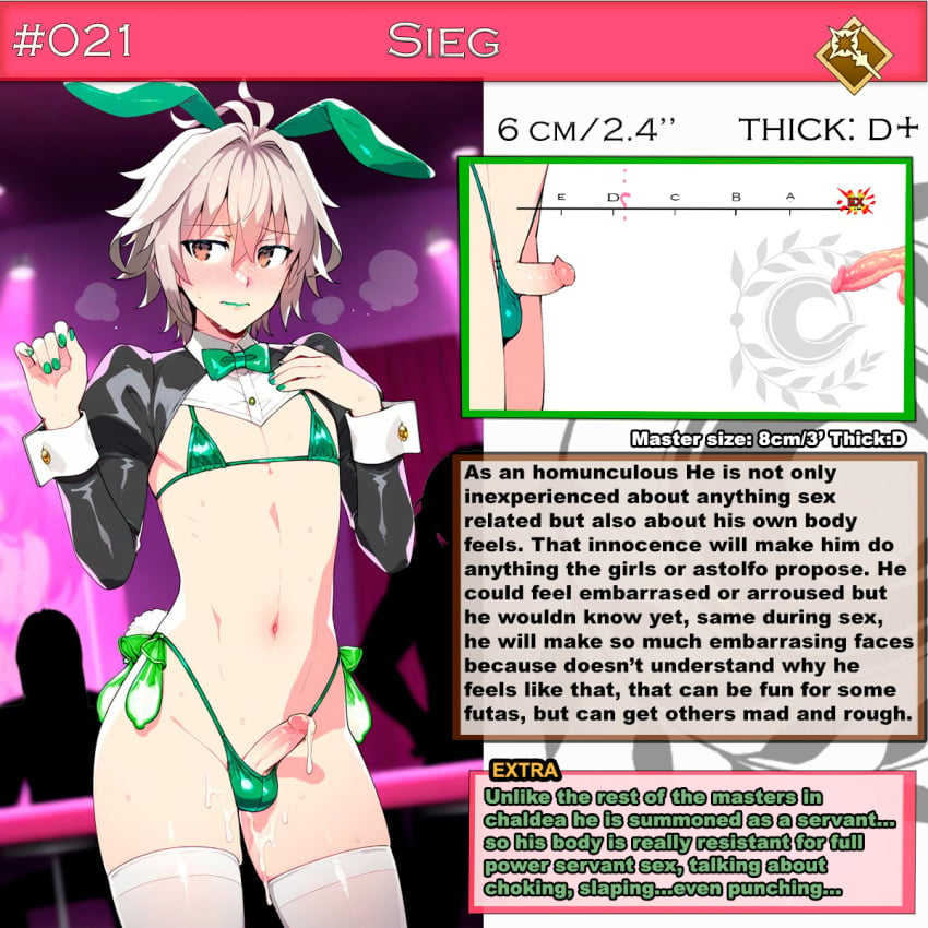 ai_generated bunny_ears chart colored_nails condom_belt dick_chart fate/apocrypha fate/grand_order fate_(series) femboy lipstick penis_measuring reverse_bunnysuit sieg_(fate/apocrypha) small_penis