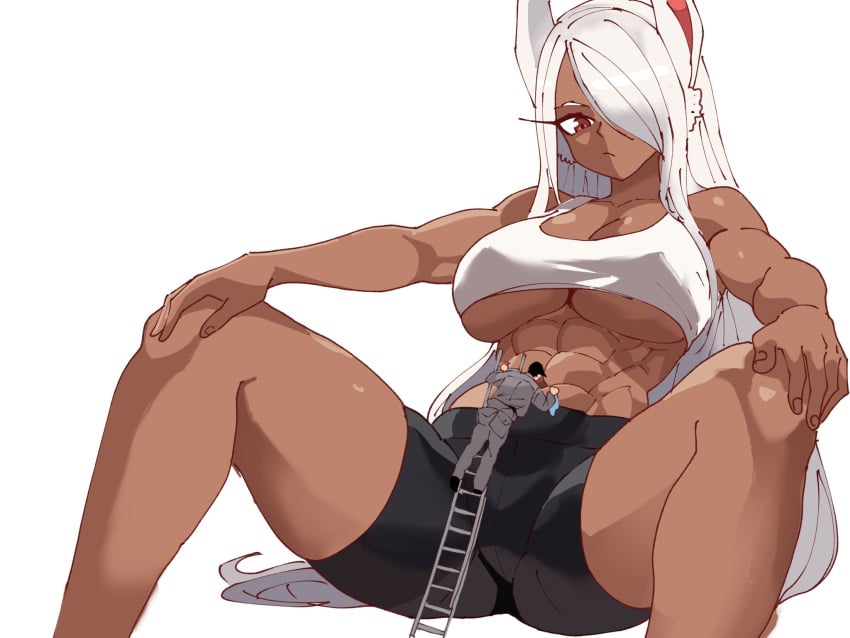 abs absurdres bike_shorts boku_no_hero_academia bunny_ears captain_tai dark-skinned_female dark_skin giant_woman hair_covering_eye humor long_hair mirko my_hero_academia open_legs simple_background size_difference strong_woman sugestive_pose thick_thighs underboob white_background white_hair