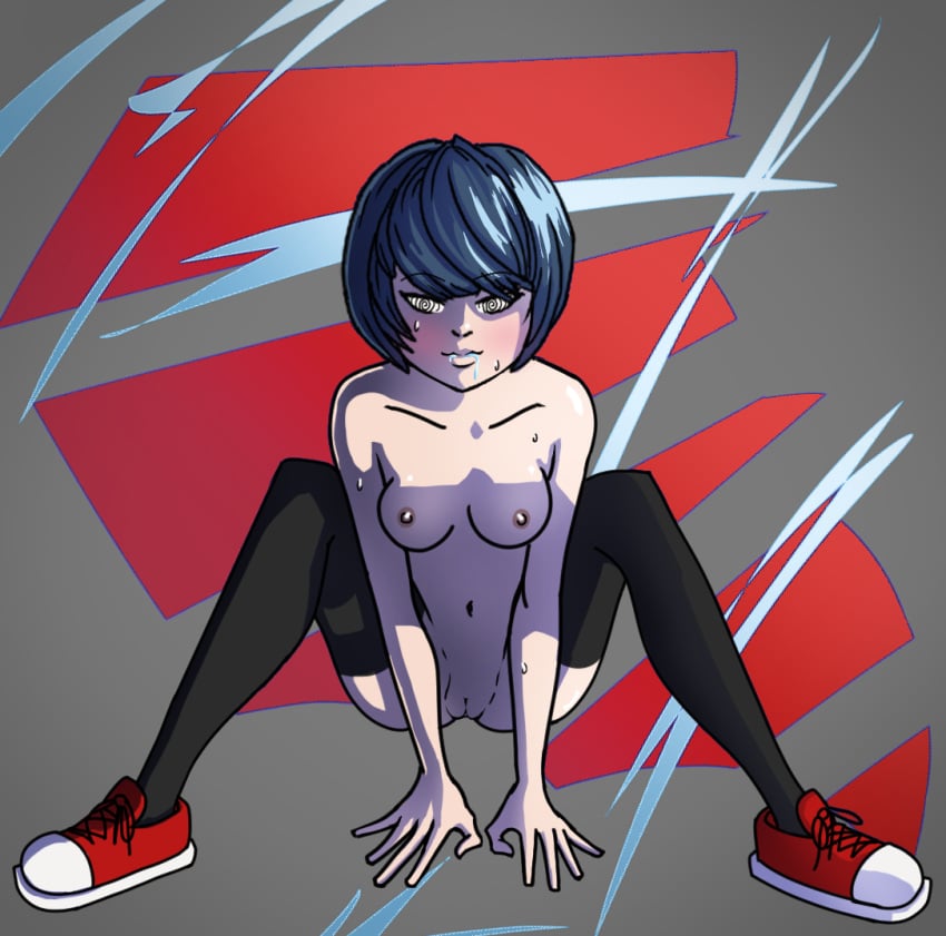 1girls black_stockings blue_hair breasts drooling female_only kagami_tsurugi long_stockings mind_control miraculous_ladybug open_legs pussy red_shoes short_hair simple_background squatting symbol_in_eye