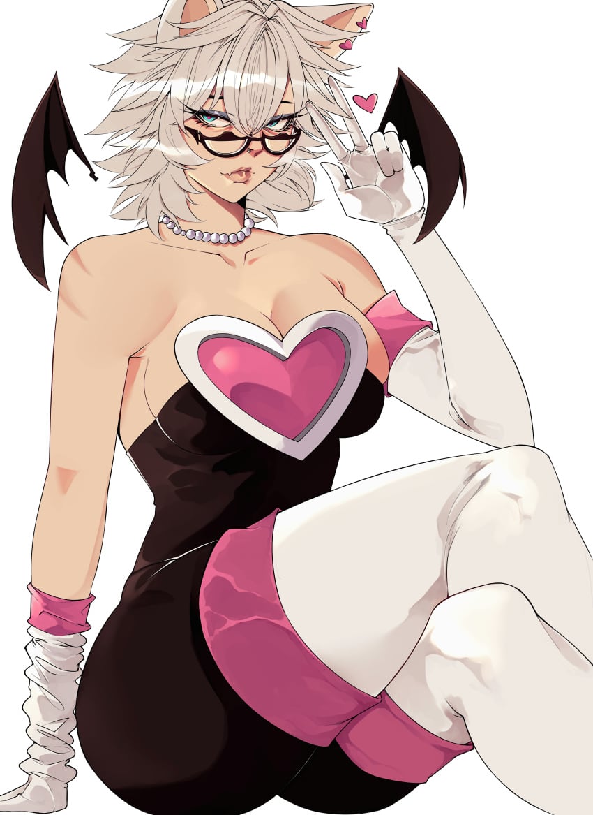 animal_ears animal_tail bare_shoulders bat_wings blue_eyes boots breasts cat_ears cleavage clothing crossed_legs dress earrings elbow_gloves eyewear female female glasses gloves heart humanoid jewelry jobin_chan large_breasts legwear looking_at_viewer makeup necklace pearl_necklace rouge_the_bat short_hair simple_background sitting smile solo tail thighhighs white_background white_gloves white_hair wings