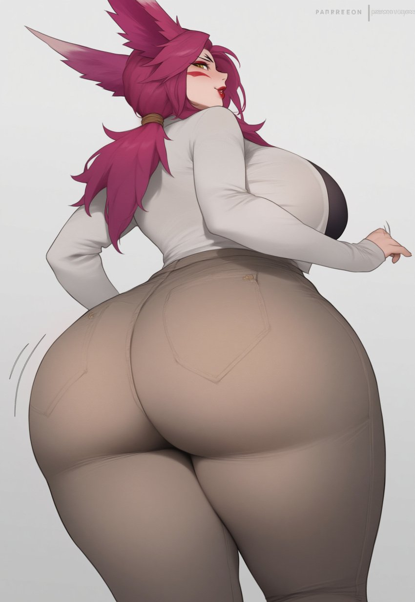 1girls ai_generated alternate_costume ass ass_focus ass_jiggle big_ass big_butt caked_up cardigan casual dat_ass dumptruck_ass from_behind huge_ass huge_butt jiggling_ass large_ass large_butt league_of_legends nai_diffusion pants red_hair red_lipstick riot_games smile stable_diffusion tan_pants tight_clothing tight_pants vastaya whisker_markings xayah yellow_eyes