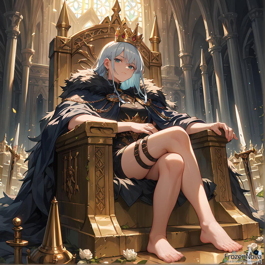 ai_generated bare_feet bare_thighs black_cape black_fur_cape blue_hair castle crowncrown fantasy feet female foot_fetish frozennova leg_strap legs legs_crossed looking_at_viewer looking_down_at_viewer medieval original pale_skin self_upload sitting stable_diffusion throne throne_room toes unamused white_hair