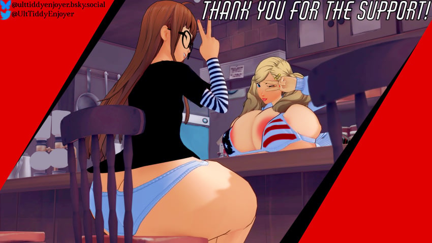 3d 3d_(artwork) american_flag_bikini ann_takamaki bikini_top blonde_hair girls_only glasses huge_ass huge_breasts koikatsu large_ass large_breasts looking_at_viewer massive_ass massive_breasts orange_hair peace_sign persona persona_5 sakura_futaba tongue twintails ulttiddyenjoyer wink winking winking_at_viewer