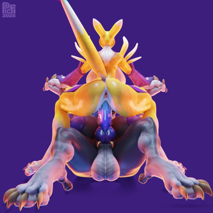 1:1 3d armwear bandai_namco big_breasts black_sclera blue_eyes breasts bridal_gauntlets charr claws clothing digimon digimon_(species) felid female fluffy fur futanari genitals guild_wars hi_res horn intersex knot mammal multicolored_body multicolored_fur nipples picti piercing pink_nipples pink_pussy pussy renamon riding ring tagme toe_claws two_tone_body two_tone_fur yellow_body yellow_fur