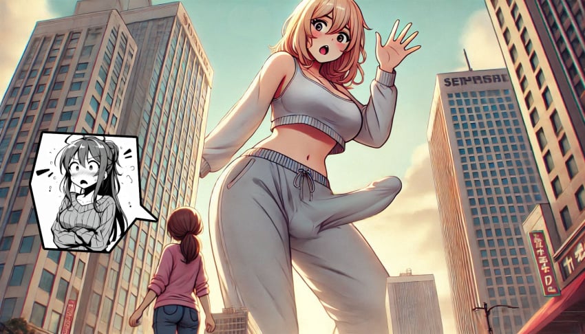 ai_generated balls big_penis blonde_hair blush bulge bulge_through_clothing bulge_under_clothes city crop_top futanari giantess huge_cock large_penis light-skinned_female light-skinned_futanari light_skin long_hair penis reaction_bubble size_difference spalela sweatpants tenting waving