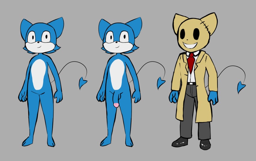 anthro belly blue_body clothed clothing coat demon e254e genitals hi_res looking_at_viewer male mask model_sheet necktie nude penis smile solo spade_tail tail tan_clothing topwear wearing_mask white_belly zan_(zanthippe1)