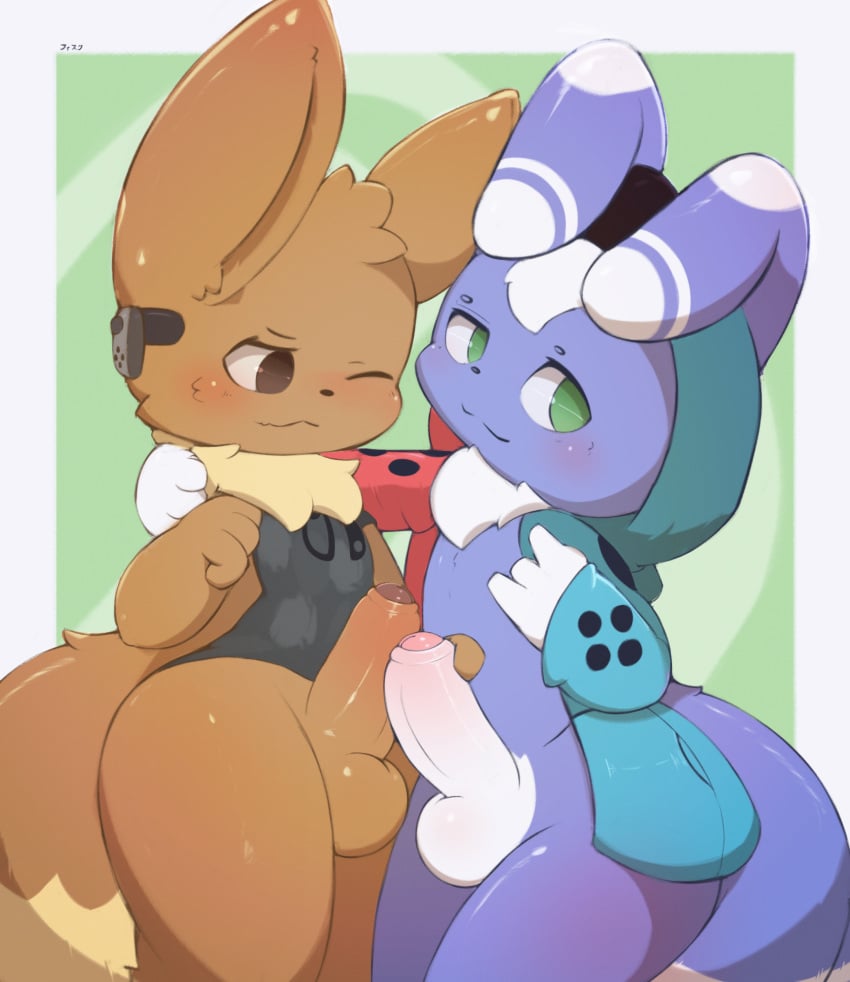 absurd_res anthro anthrofied balls blush clothed clothing duo eevee erection fisuku foreskin frottage genitals half-closed_eyes hand_on_shoulder hi_res humanoid_genitalia humanoid_penis looking_at_viewer male male/male male_meowstic meowstic narrowed_eyes nintendo partially_retracted_foreskin penis pokémon_(species) pokemon pokemon_(species) pokemorph sex thick_thighs video_games young