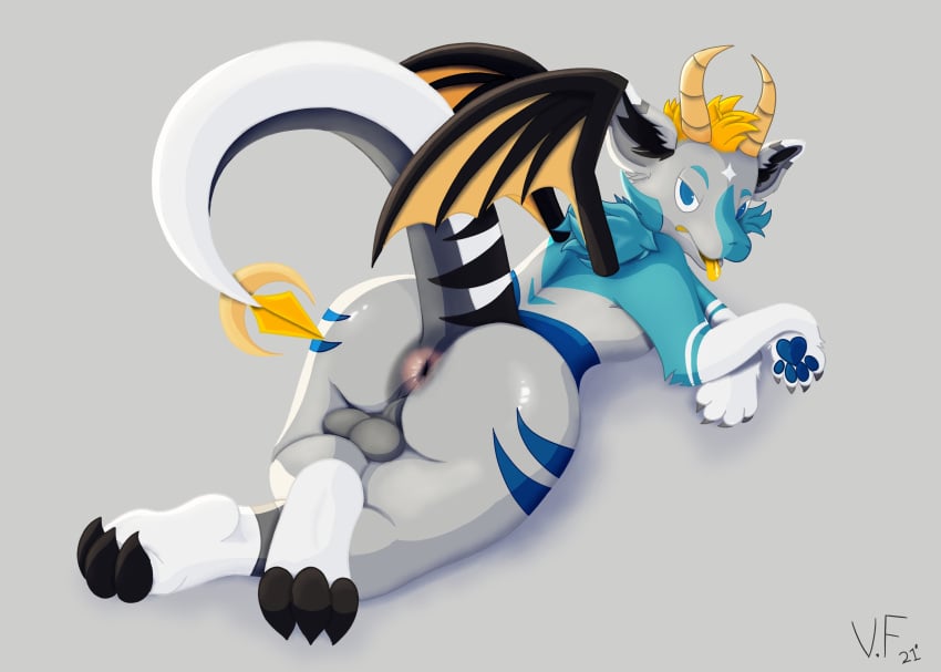 absurd_res anthro anus ass balls bedroom_eyes big_butt black_claws black_stripes black_wings blonde_hair blue_body blue_eyebrows blue_eyes blue_fur blue_pawpads blue_stripes cheek_tuft claws crossed_legs dragon elbow_tufts eyebrows facial_tuft fur furred_dragon genitals grey_background grey_balls grey_body grey_fur hair heavy_balls hi_res highlights_(coloring) hindpaw horn humanoid inviting looking_at_viewer looking_back male narrowed_eyes open_mouth pawpads paws pink_anus presenting presenting_anus presenting_hindquarters raised_tail rear_view seductive shaded shadow simple_background small_waist soft_shading solo spiked_tail spikes spikes_(anatomy) stripes tan_horn tan_horns thick_thighs tongue tongue_out tuft vance_(vancefluff) vancefluff white_paws_(anatomy) white_stripes white_tail wings yellow_body yellow_fur yellow_tongue