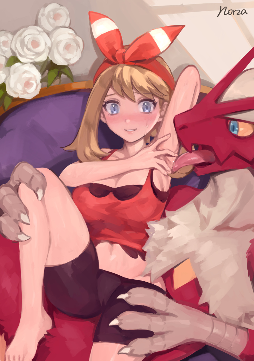 absurd_res ambiguous_gender anthro armpit_fetish armpit_lick armpit_play big_breasts blaziken blush breasts cameltoe cleavage clothed clothing female female/ambiguous hi_res human human_on_anthro interspecies licking mammal may_(pokemon) may_(pokemon_oras) nintendo norza not_furry_focus poképhilia pokemon pokemon_(species) pokemon_oras tongue tongue_out video_games