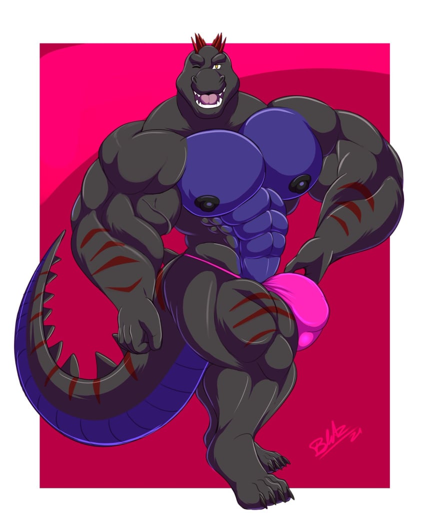 2021 abs alligator alligatorid anthro barazoku biceps big_bulge big_muscles blitztaison border bulge clothing crocodilian dinosaur flexing hi_res huge_muscles hybrid looking_at_viewer male male_only muscular muscular_anthro muscular_male navel nipples obliques one_eye_closed open_mouth open_smile pecs pink_background pose qaz quads reptile scalie signature simple_background smile solo standing thick_thighs thong underwear vein white_border wink