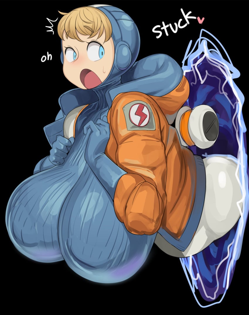 1girls apex_legends big_breasts black_background blonde_hair blue_eyes blush breasts cham22 chamchami clothed clothes clothing doodle female female_only gloves hair huge_breasts human human_only humanoid large_breasts looking_back open_mouth portal short_hair simple_background solo solo_female stuck surprised sweat text tight_clothing tongue top_heavy voluptuous wattson_(apex_legends) white_background