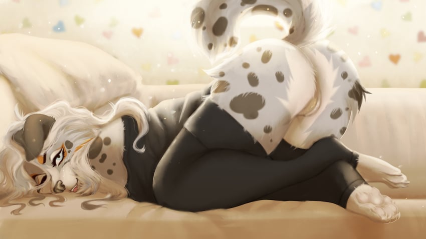 16:9 2020 anthro ass biped canid canine canis clothed clothing digital_media_(artwork) domestic_dog female fur genitals hair hi_res inside juliashandor legwear looking_at_viewer lying mammal on_front paws pussy shaded solo thigh_highs topwear white_body white_fur white_hair widescreen zugelly-lucia