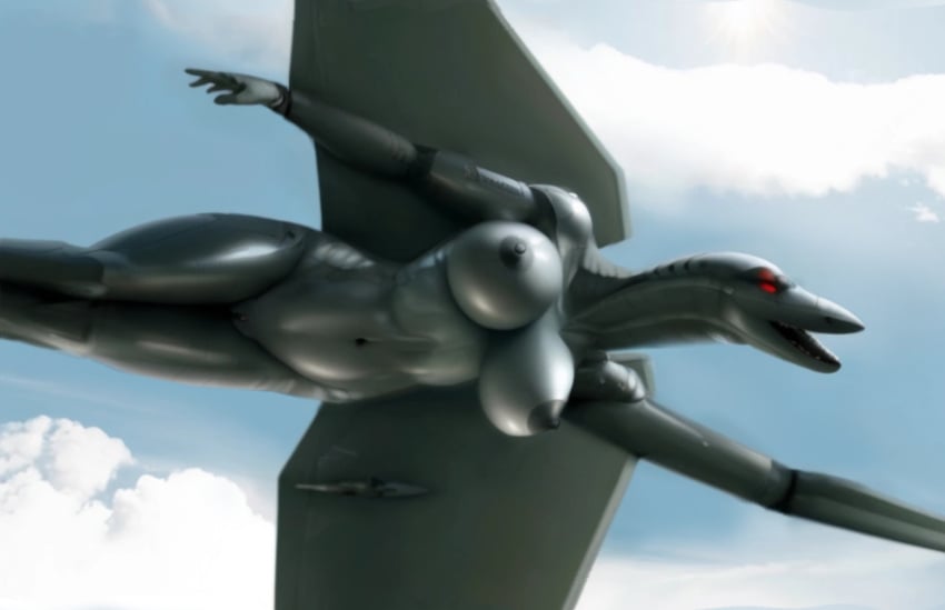 aeromorph ai_assisted aircraft aircraft_humanoid airplane anthro artificial_intelligence bald big_breasts black_nipples busty clouds dark_green_skin dark_grey_body female flying hourglass_figure living_aircraft living_machine metallic_body naked narrow_waist nude original_character sky surelysv thin wide_hips woman