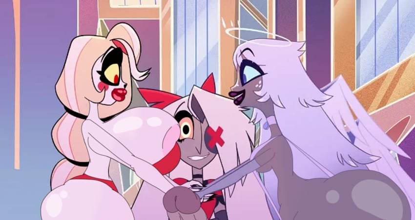 1futa 3girls accurate_art_style angel_girl bimbo bimbo_lips charlie_morningstar charlie_morningstar_(hazbin_hotel) demon_girl edit edited_official_artwork edited_screencap emilly emily_(hazbin_hotel) futanari grey_skin hazbin_hotel huge_ass huge_breasts huge_lips massive_ass massive_breasts notagoodguy1_(autor) vaggie vaggie_(hazbin_hotel)