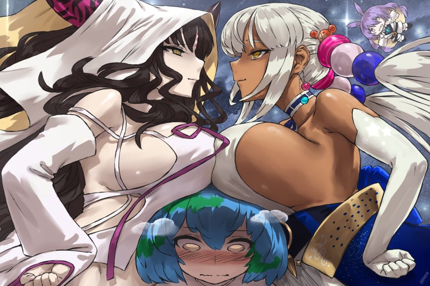 5girls black_hair blonde_hair blue_hair blush breast_press breast_rest breasts breasts_on_head catfight colored_inner_hair commentary crossover dark-skinned_female dark_skin drooling earrings earth-chan elbow_gloves english_commentary eyebrows_hidden_by_hair facial_mark fate/extra fate/extra_ccc fate/grand_order fate_(series) forehead_mark gloves green_hair grey_hair hair_bobbles hair_ornament hands_on_own_hips haraya_manawari highres hololive hololive_english hololive_indonesia hood horns jewelry large_breasts long_hair moona_hoshinova multicolored_eyes multicolored_hair multiple_crossover multiple_girls original personification purple_hair sessyoin_kiara smile space star_(sky) symmetrical_docking tsukumo_sana tsukumo_sana_(1st_costume) two-tone_hair virtual_youtuber yellow_eyes