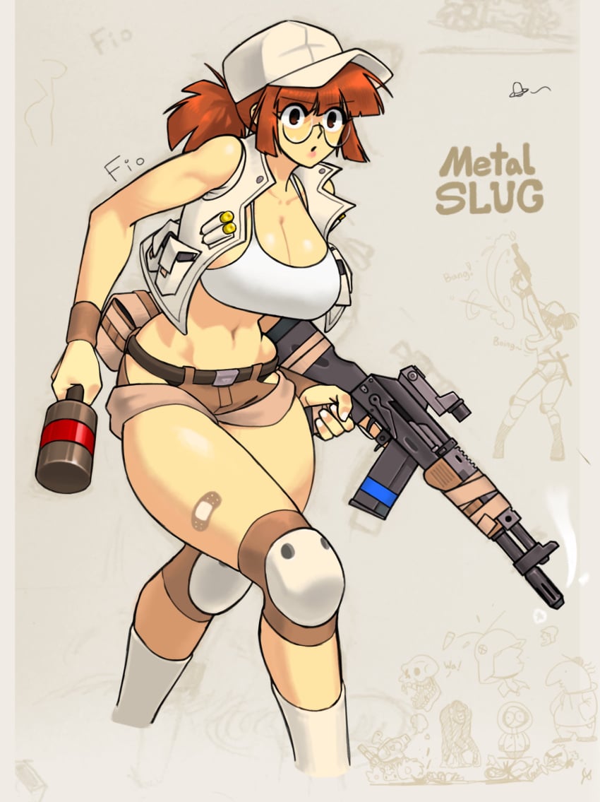 1girls belt breasts brown_hair clothed crop_top emptyskull302 fio_germi glasses grin hat hi_res hip_vent hourglass_figure knee_pads metal_slug midriff narrow_waist navel short_shorts shorts sky smile snk solo toned toned_female