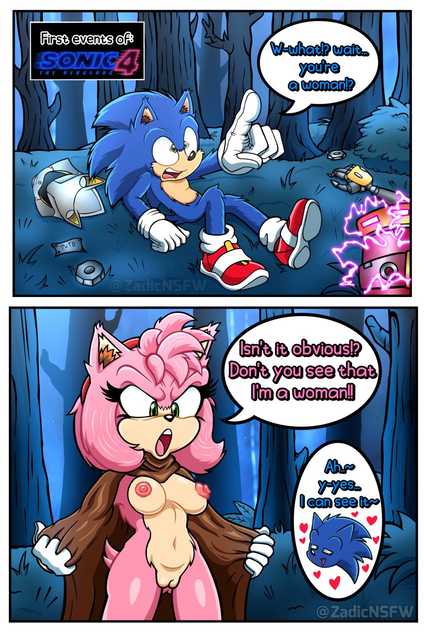 1boy 1female 1girls 1male amy_rose amy_rose_(sonic_movie) angry_expression anthro big_breasts blue_body blue_hair breasts comic_page electricity exhibitionism explicit exposed_pussy female forest furry furry_female furry_focus genitals green_eyes hearts hedgehog_girl hips huge_nipples metal_sonic mobian mobian_(species) mobian_hedgehog night nipples original_film paramount_pictures pink_body pink_hair pink_nipples pussy scary_face sega sonic_(series) sonic_the_hedgehog sonic_the_hedgehog_(series) sonic_the_hedgehog_3_(film) sonic_the_hedgehog_4_(film) wide_hips zadicnsfw