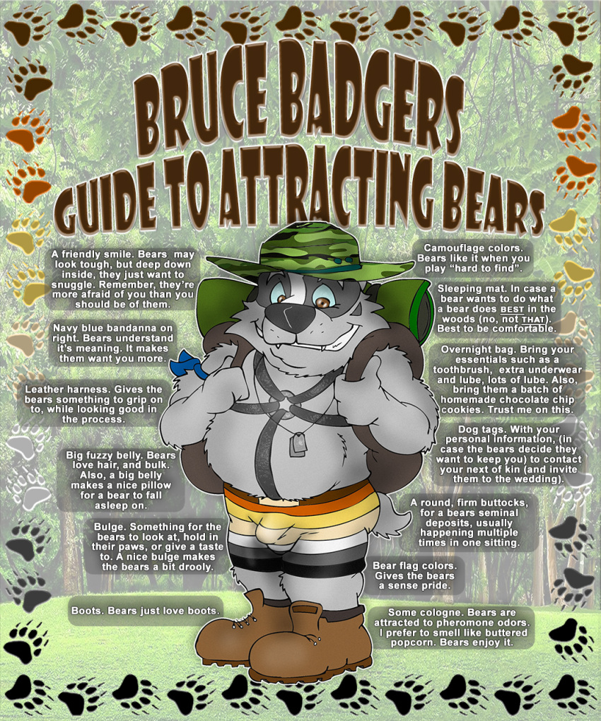 2021 anthro backpack badger balls_outline bear_pride_colors belly black_nose boots bottomwear brucebadger bulge clothing english_text footwear fur genital_outline grey_body grey_fur harness hat headgear headwear hi_res humanoid_hands kink_pride_colors leather leather_harness lgbt_pride male male_only mammal mustelid musteline overweight overweight_male penis_outline pride_color_bottomwear pride_color_clothing pride_colors solo text underwear