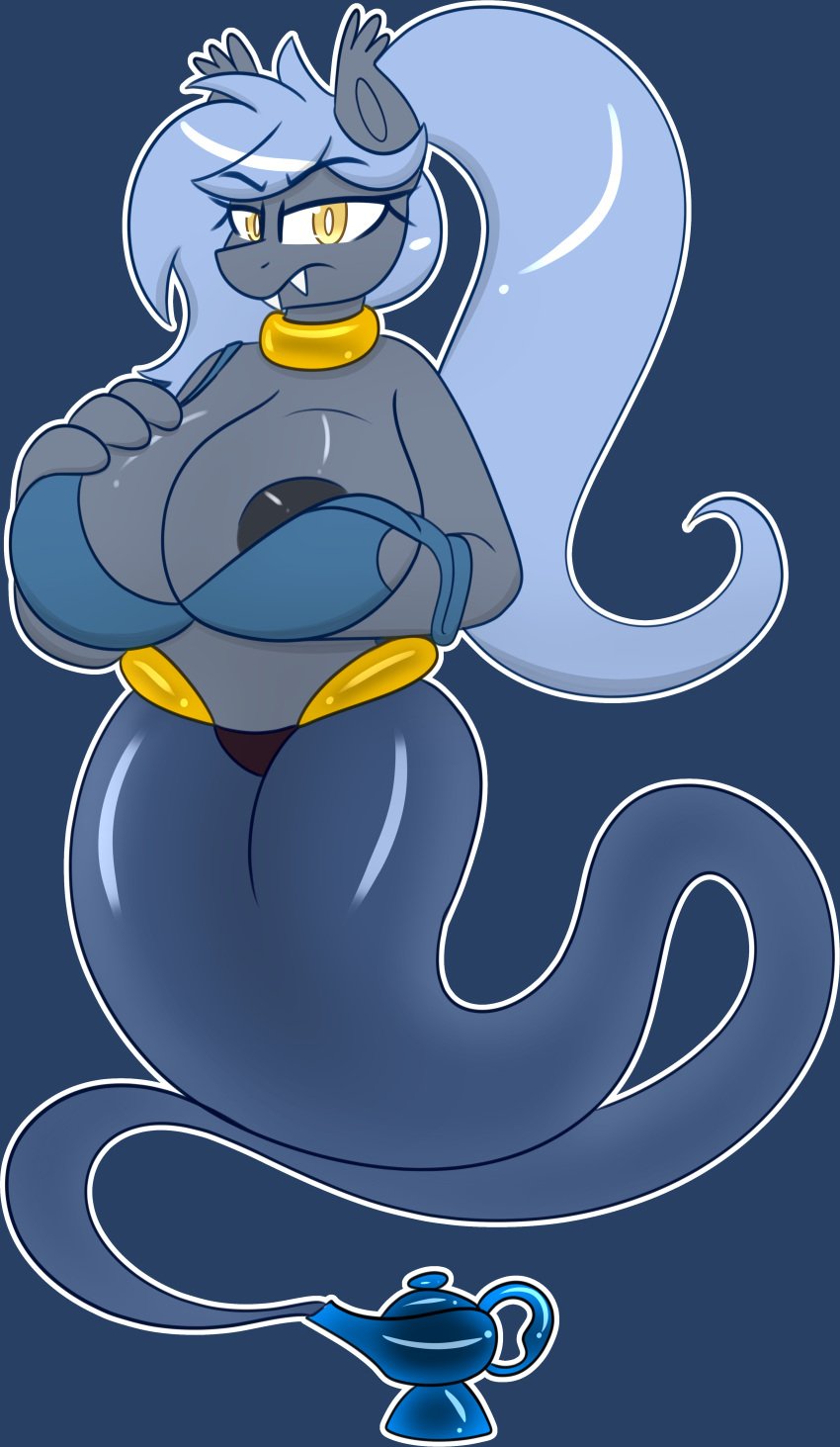 2024 absurd_res anthro bat_pony big_breasts blue_hair bra breasts clothing collar equid fangs female floating friendship_is_magic genie gold_(metal) gold_jewelry grey_body hair hasbro hi_res holding_breast huge_breasts jewelry looking_at_viewer magic_lamp mammal maracoarco my_little_pony nipple_slip panne_(oc) purple_background simple_background solo teeth underwear yellow_eyes