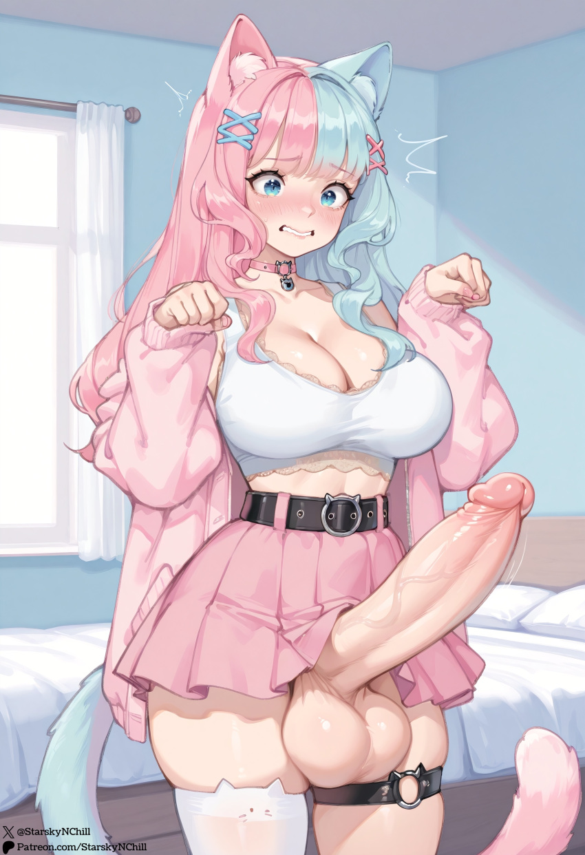 1futa ai_generated embarrassed erection futanari huge_balls huge_cock koneko_dolls large_breasts paw_pose self_upload starskyai