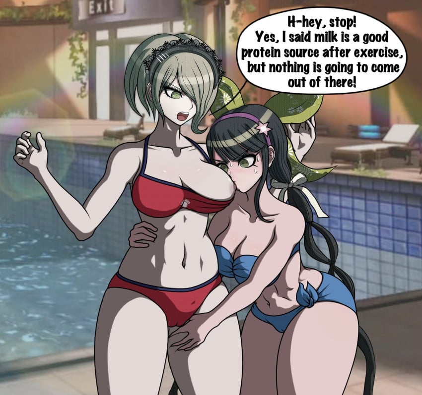 2girls bikini chabashira_tenko cheeeeeeeeeeeeen danganronpa danganronpa_(series) danganronpa_v3 nipples pussy sprite_edit sucking_nipples tagme toujou_kirumi