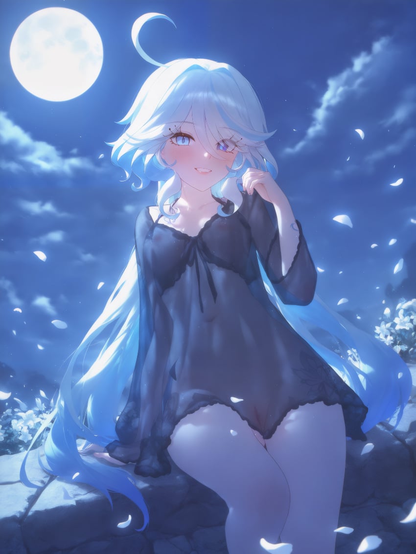 absurd_res ahoge ai_generated alternate_costume arm_support babydoll black_camisole blue_eyes blue_hair blush breasts cleft_of_venus cloud collarbone covered_navel covered_nipples drop-shaped_pupils falling_petals female flower full_moon furina_(genshin_impact) genshin_impact grin hair_between_eyes heterochromia light_blue_hair lingerie long_hair long_sleeves looking_at_viewer medium_breasts ministro mismatched_pupils moon moonlight multicolored_hair navel negligee night night_sky nightgown nipples no_panties outdoors parted_lips petals pussy see-through see-through_dress see-through_shirt sitting sky small_breasts smile solo streaked_hair teeth thighs two-tone_hair uncensored underwear very_long_hair white_hair