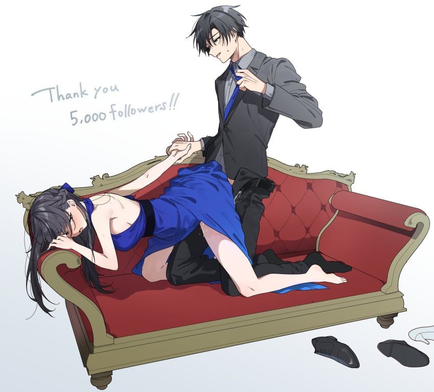 1boy 1girls barefoot black_hair black_suit blue_dress blush couch couple doggy_style dress female full_body highres holding_hands kyapefuro long_hair male male/female milestone_celebration open_mouth original purple_eyes sex straight suit sweat