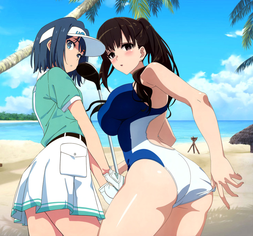 2girls ass ass_focus beach blue_shirt golf_club leaning_forward looking_at_viewer looking_back swimsuit white_skirt