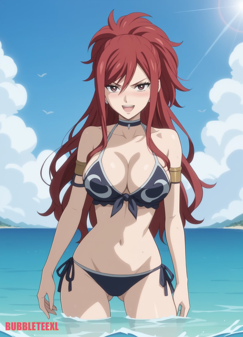 1girls ai_assisted ai_generated anime beach bikini black_bikini bubbleteexl erza_knightwalker fairy_tail ponytail red_hair side_tie_bikini side_tie_bikini_bottom standing_in_water wading