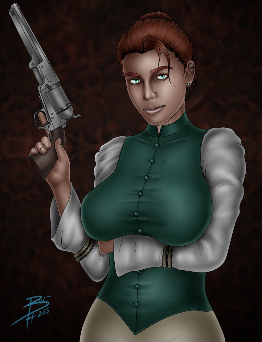 badhunter115 curse_eye_of_isis green_eyes gun red_hair redhead_female revolver victoria_sutton video_game_character