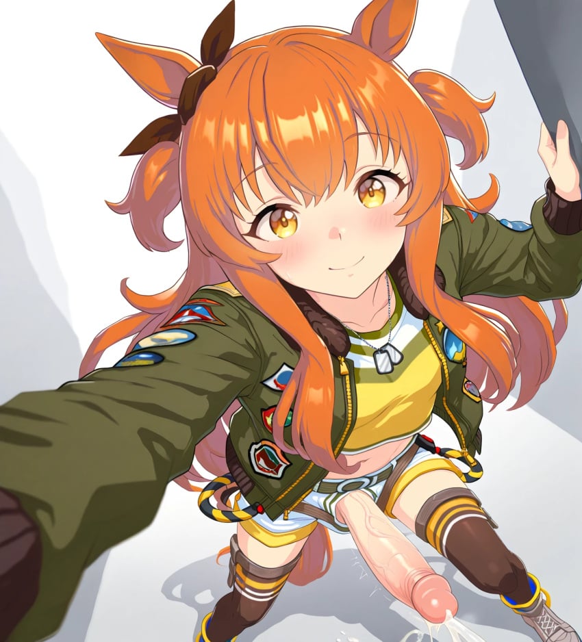 1futa 1girls ai_generated animal_ears cum cumshot futanari horse_ears horse_girl horse_tail large_penis mayano_top_gun_(umamusume) orange_hair penis pleasure_face smile smille umamusume yellow_eyes